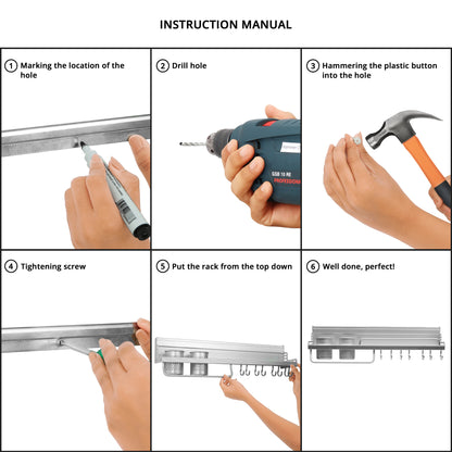 ABOUT SPACE Multifunctional Wall Mount Aluminium Hanging Utensil Display Rack - 58 x 12.5 x 10 cm