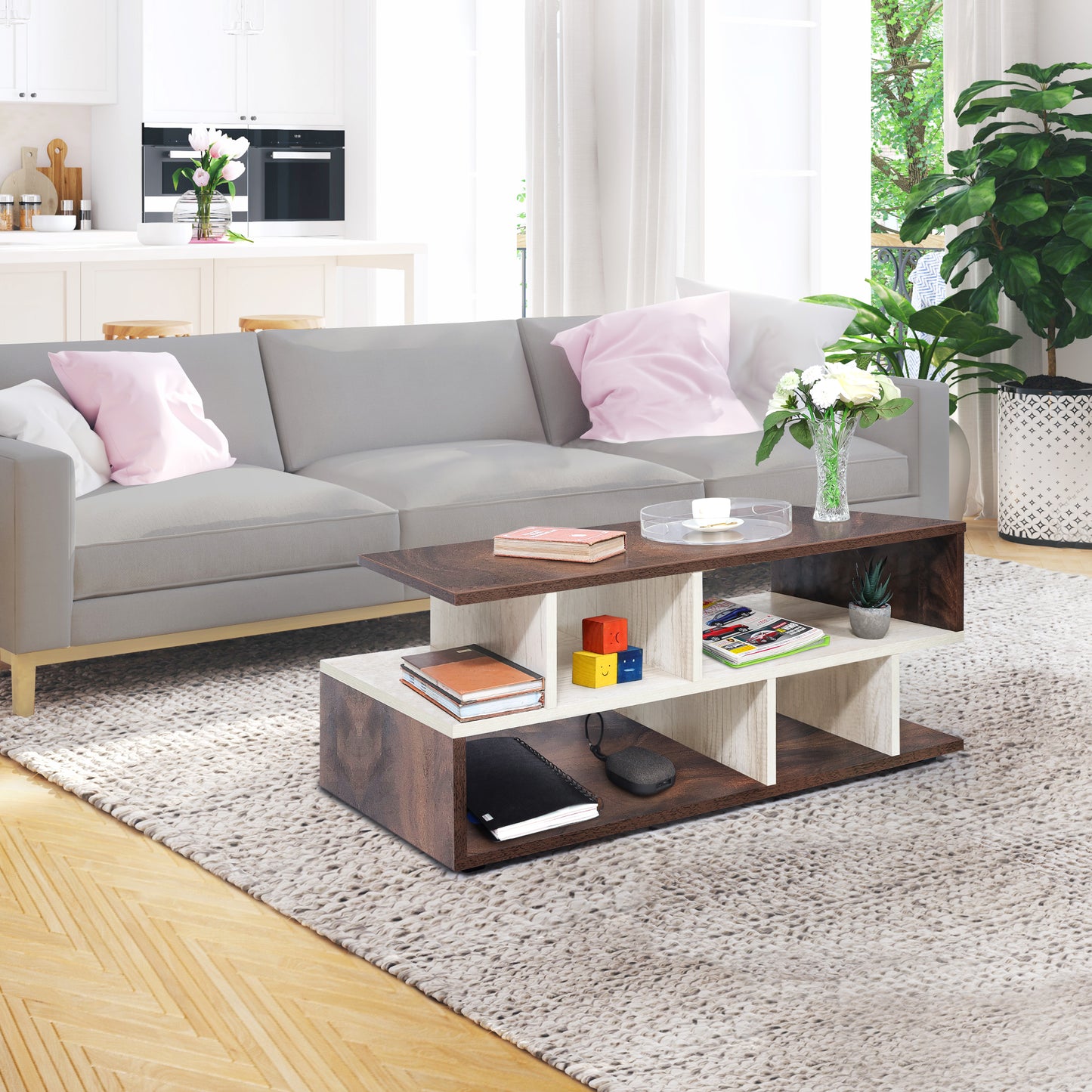 ABOUT SPACE Wooden Coffee Table - Tea Poyee Table with Storage (Walnut - L 100 x B 40 x H 39 cm)