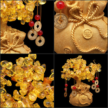 ABOUT SPACE Lucky Feng Shui Citrine Tree of Life Bonsai - Gold Crystal Ornaments with Hanging Coin Charms for Health, Wealth and Happiness - Table Decor, Living Room, Office (7 x 3 inch)