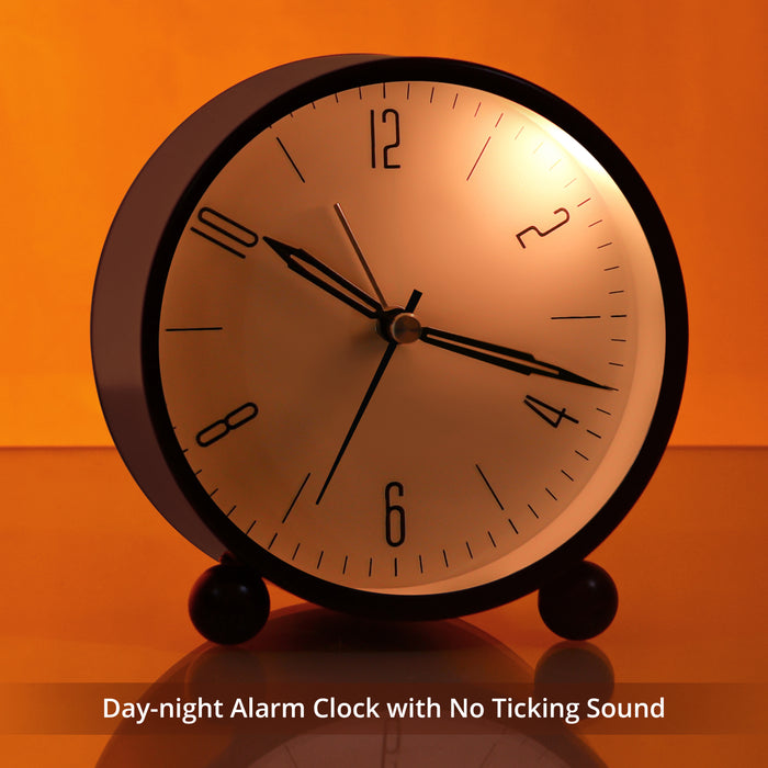 ABOUT SPACE Alarm Clock - 4 Inch Round Silent Analog Desk / Table Clock Non-Ticking with Night LED Light