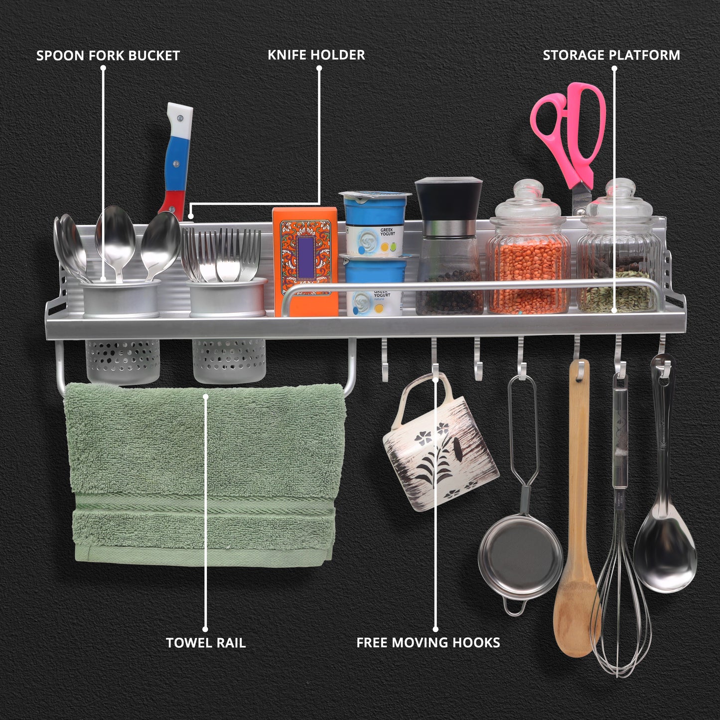 ABOUT SPACE Multifunctional Wall Mount Aluminium Hanging Utensil Display Rack - 58 x 12.5 x 10 cm