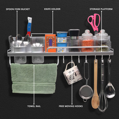 ABOUT SPACE Multifunctional Wall Mount Aluminium Hanging Utensil Display Rack - 58 x 12.5 x 10 cm