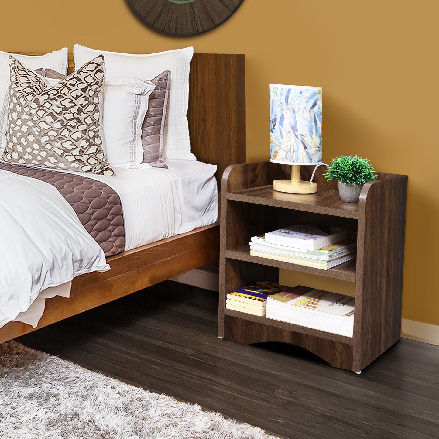 ABOUT SPACE Wooden Side Table - Night Stand & End Table Organiser - 2 Tier Shelf Space (L 40 x B 30 x H 46 cm, Walnut)