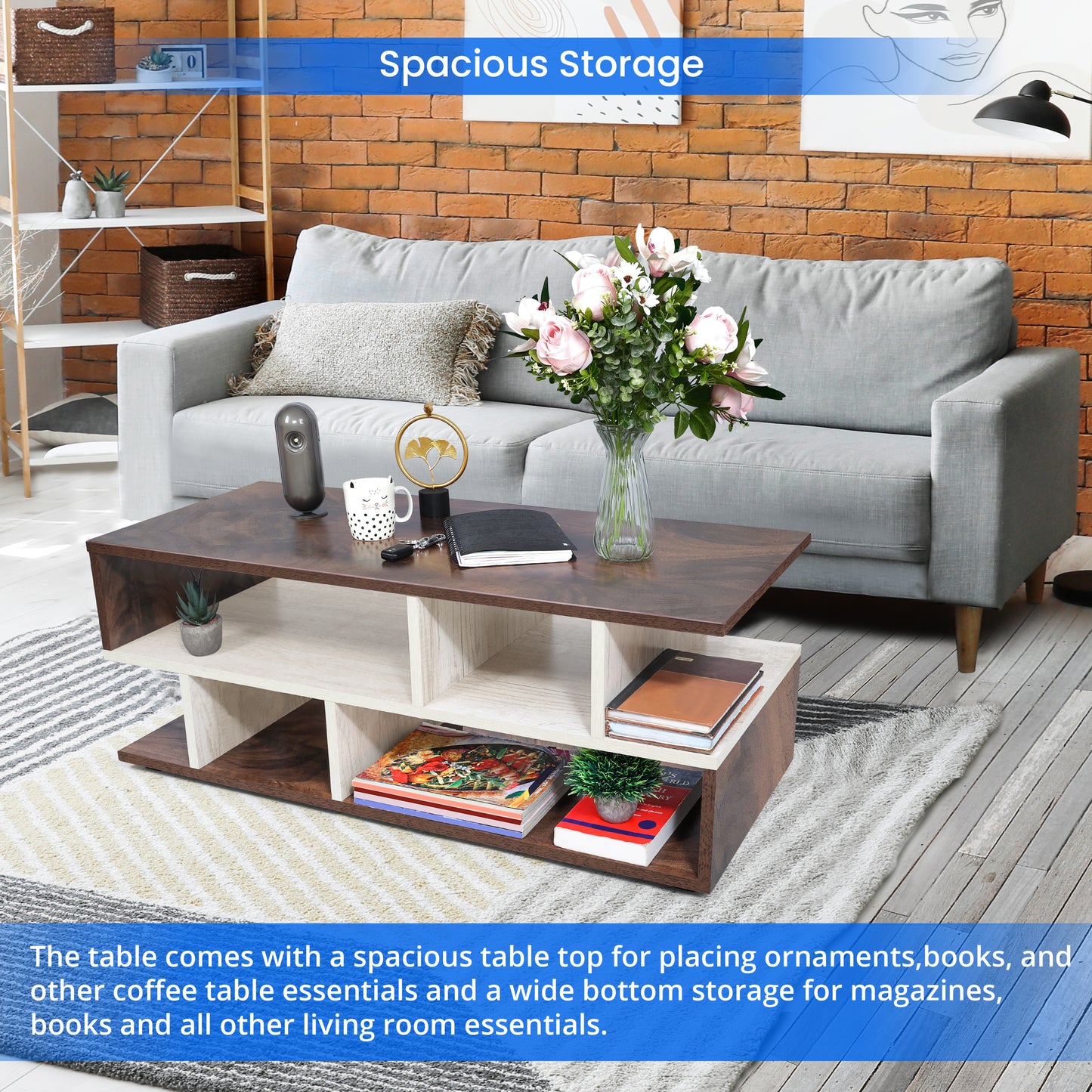 ABOUT SPACE Wooden Coffee Table - Tea Poyee Table with Storage (Walnut - L 100 x B 40 x H 39 cm)