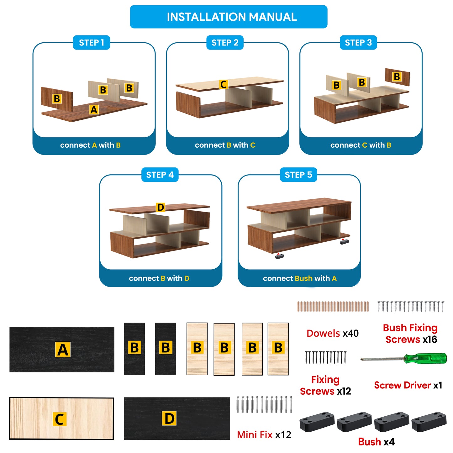 ABOUT SPACE Wooden Coffee Table - Tea Poyee Table with Storage (Walnut - L 100 x B 40 x H 39 cm)