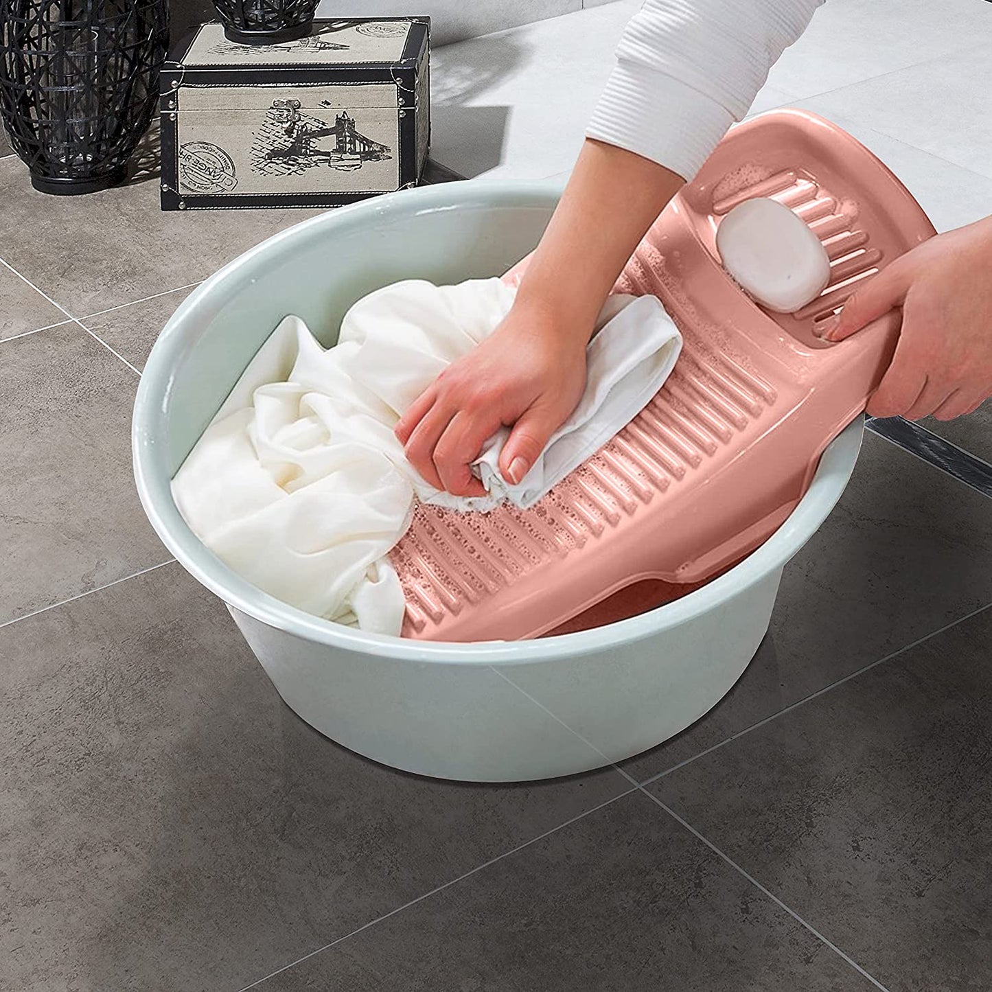 ABOUT SPACE Mini Hand Wash Anti-Skid Laundry Water Saving Washboard Scrubbing Pad with Soap Holder-Peach- 43x21 cm, Polypropylene