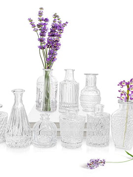 ABOUT SPACE Glass Bud Flower Vase – Pack of 10 Clear Glass Centrepiece for Mini Flowers-Sturdy Textured Scratch Free Antique Collections for Wedding Decorations & Table Top Decor for Home,Restaurants