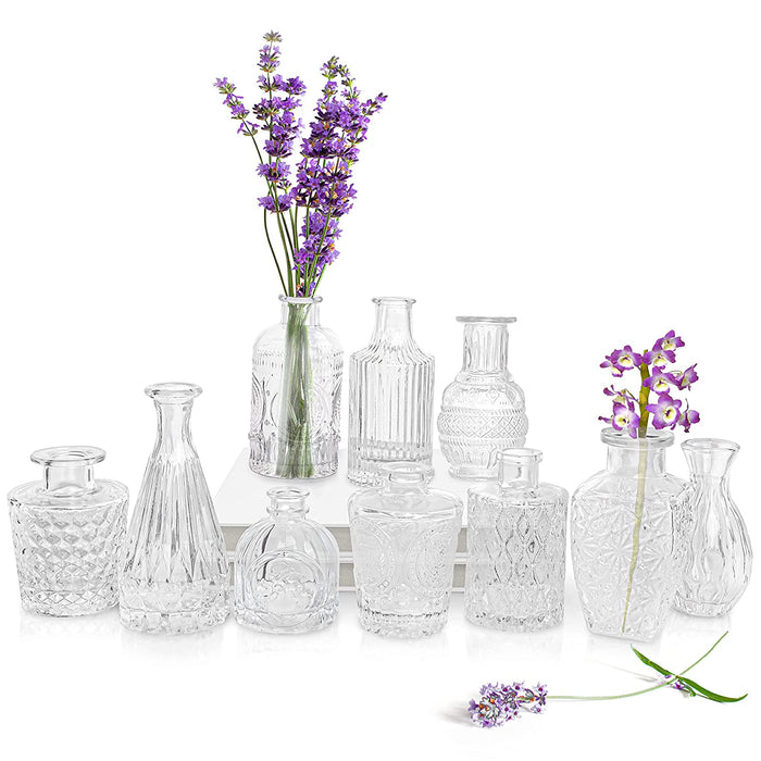 ABOUT SPACE Glass Bud Flower Vase – Pack of 10 Clear Glass Centrepiece for Mini Flowers-Sturdy Textured Scratch Free Antique Collections for Wedding Decorations & Table Top Decor for Home,Restaurants