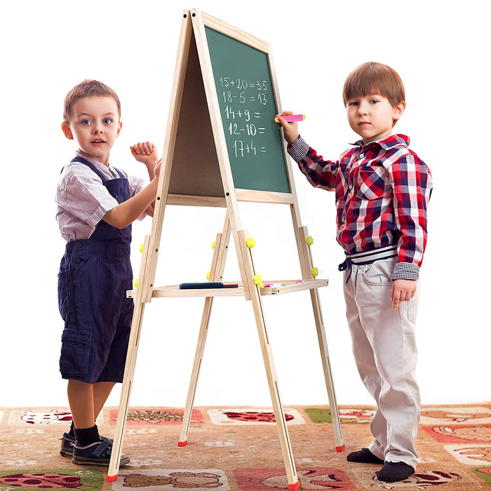 ABOUT SPACE Kids Writing Board - Portable Double Sided Wooden Easel Whiteboard & Chalkboard