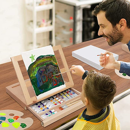 ABOUT SPACE Table Top Easel - Portable Desktop Beech Wood Easel With Adjustable Storage Box Painting Set (1 Paint Palette, 12 Paint Brushes, 12 Canvas Panels)