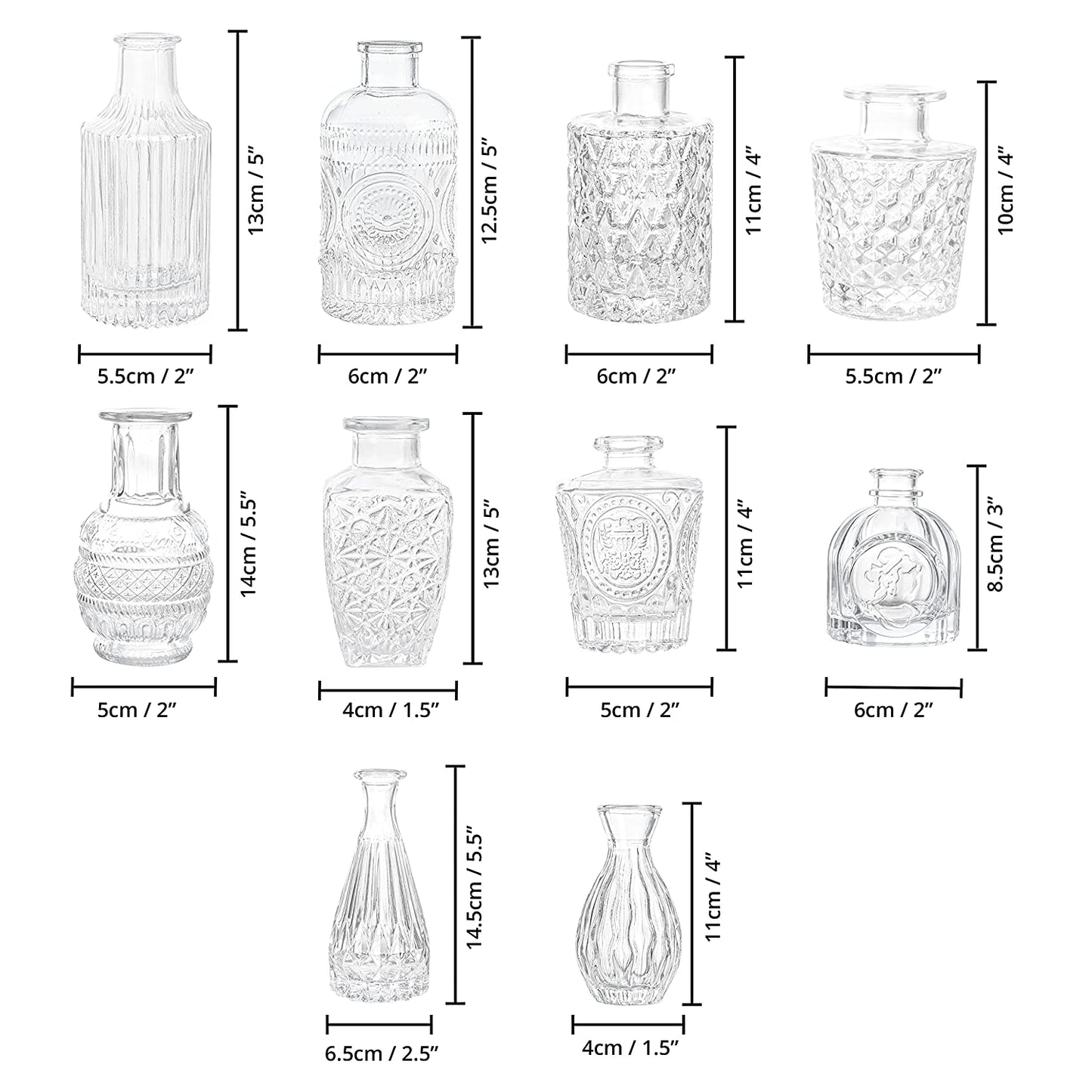 ABOUT SPACE Glass Bud Flower Vase – Pack of 10 Clear Glass Centrepiece for Mini Flowers-Sturdy Textured Scratch Free Antique Collections for Wedding Decorations & Table Top Decor for Home,Restaurants