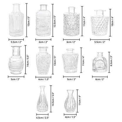 ABOUT SPACE Glass Bud Flower Vase – Pack of 10 Clear Glass Centrepiece for Mini Flowers-Sturdy Textured Scratch Free Antique Collections for Wedding Decorations & Table Top Decor for Home,Restaurants