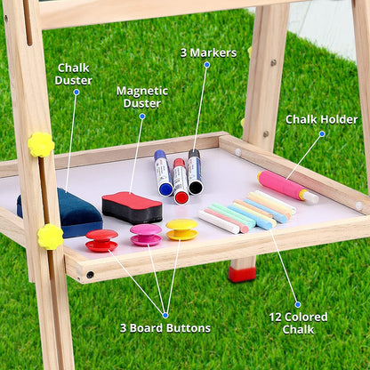 ABOUT SPACE Kids Writing Board - Portable Double Sided Wooden Easel Whiteboard & Chalkboard