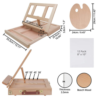 ABOUT SPACE Table Top Easel - Portable Desktop Beech Wood Easel With Adjustable Storage Box Painting Set (1 Paint Palette, 12 Paint Brushes, 12 Canvas Panels)