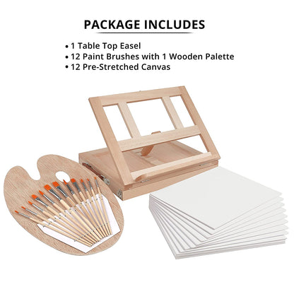 ABOUT SPACE Table Top Easel - Portable Desktop Beech Wood Easel With Adjustable Storage Box Painting Set (1 Paint Palette, 12 Paint Brushes, 12 Canvas Panels)
