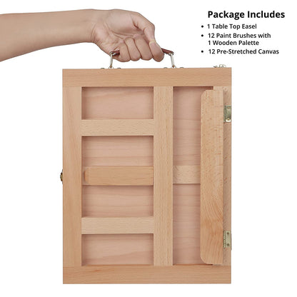 ABOUT SPACE Table Top Easel - Portable Desktop Beech Wood Easel With Adjustable Storage Box Painting Set (1 Paint Palette, 12 Paint Brushes, 12 Canvas Panels)
