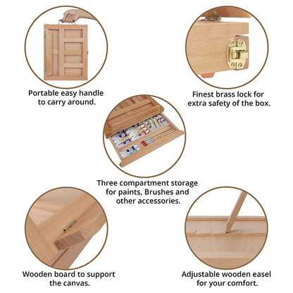 ABOUT SPACE Table Top Easel - Portable Desktop Beech Wood Easel With Adjustable Storage Box Painting Set (1 Paint Palette, 12 Paint Brushes, 12 Canvas Panels)