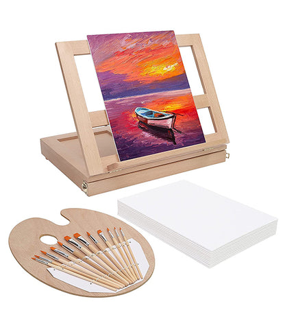 ABOUT SPACE Table Top Easel - Portable Desktop Beech Wood Easel With Adjustable Storage Box Painting Set (1 Paint Palette, 12 Paint Brushes, 12 Canvas Panels)