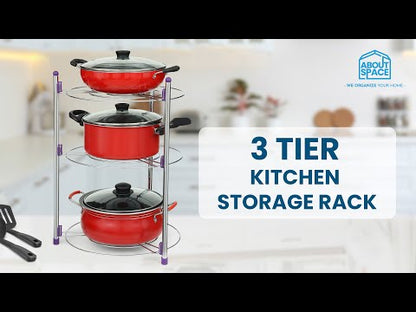 ABOUT SPACE Pan & Pot Organizer Rack Stand - 3 Tier Heavy Duty Electro Plated (L35 x H51 cm, Silver, Iron)